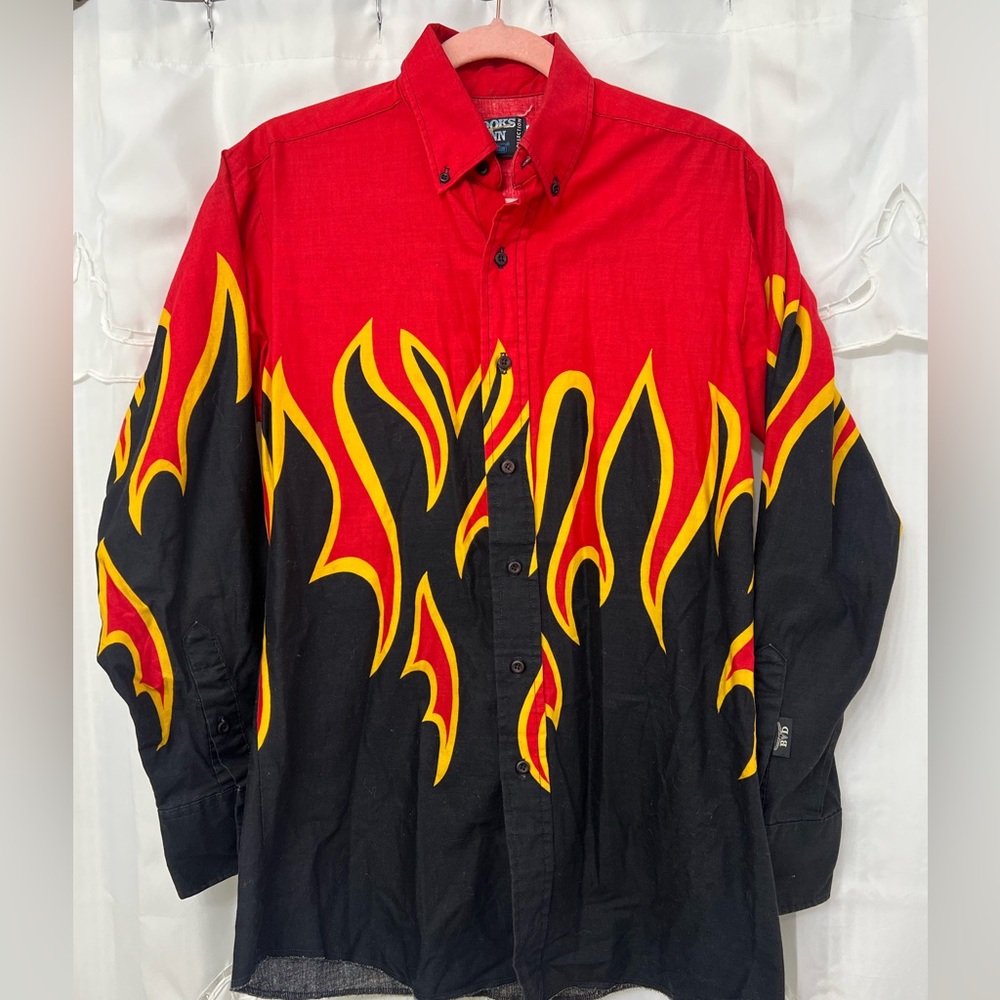 90s Brooks & Dunn Flame Western Shirt Red Black Y2K Rockabilly Button Up Medium